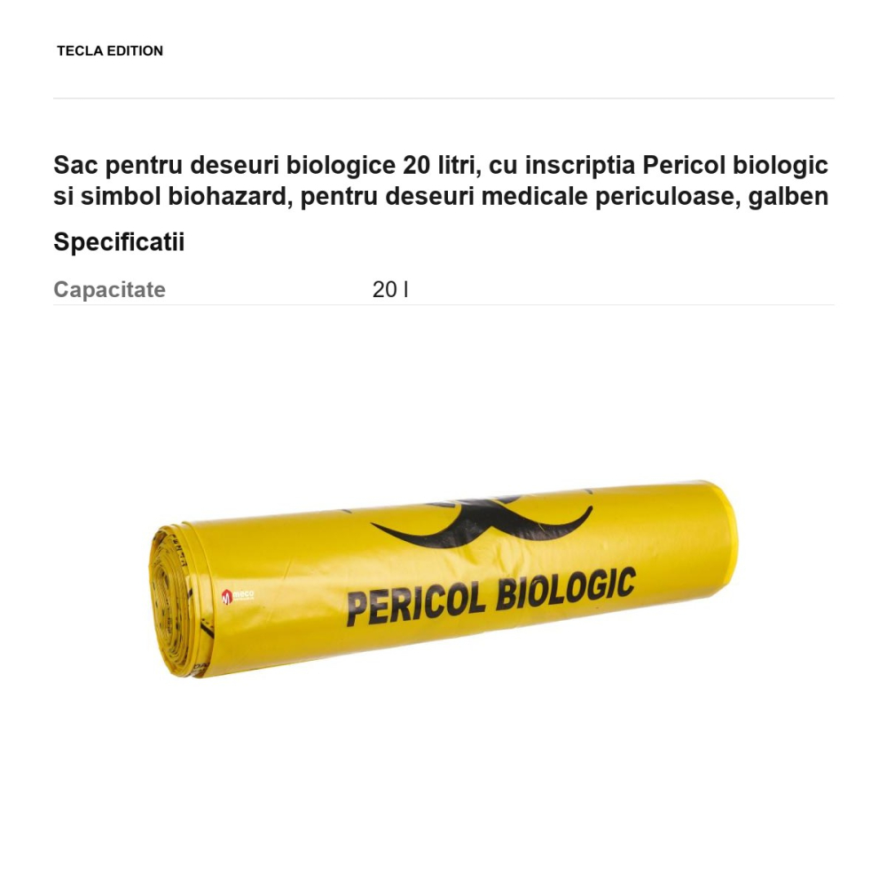 Sac pentru deseuri biologice 20 litri, cu inscriptia Pericol biologic si simbol biohazard, pentru deseuri medicale periculoase, galben [3]