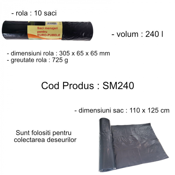 Set 10 saci menajeri pentru euro-pubele, 240 l, dimensiuni 110 x 125 cm, negri [4]