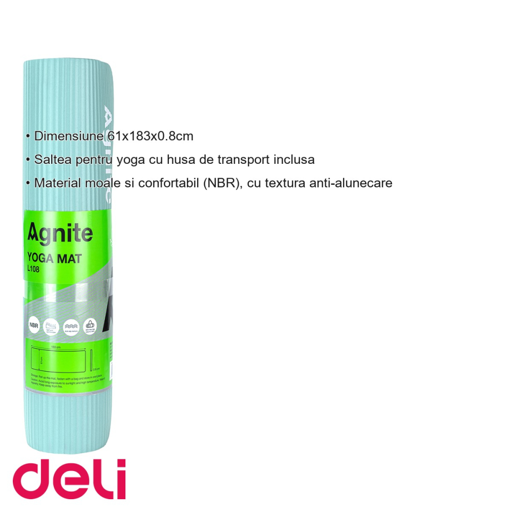 Saltea yoga Deli Agnite, material NBR anti-alunecare, cu husa transport inclusa, turcoaz, 183x61x0.8 cm [3]