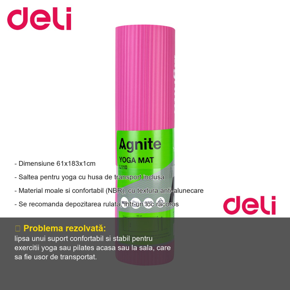 Saltea yoga Deli, material NBR anti-alunecare, 183x61x1 cm, cu husa transport inclusa, roz [2]