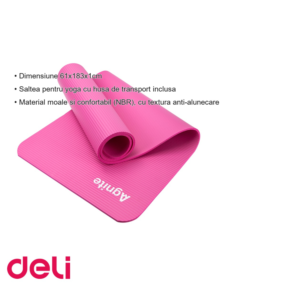 Saltea yoga Deli, material NBR anti-alunecare, 183x61x1 cm, cu husa transport inclusa, roz [3]