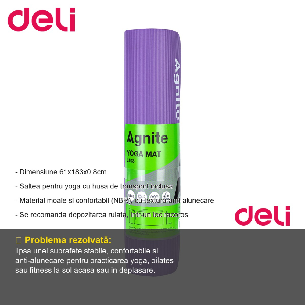 Saltea yoga Deli, material NBR anti-alunecare, cu husa transport inclusa, violet, 183x61x0.8 cm [2]
