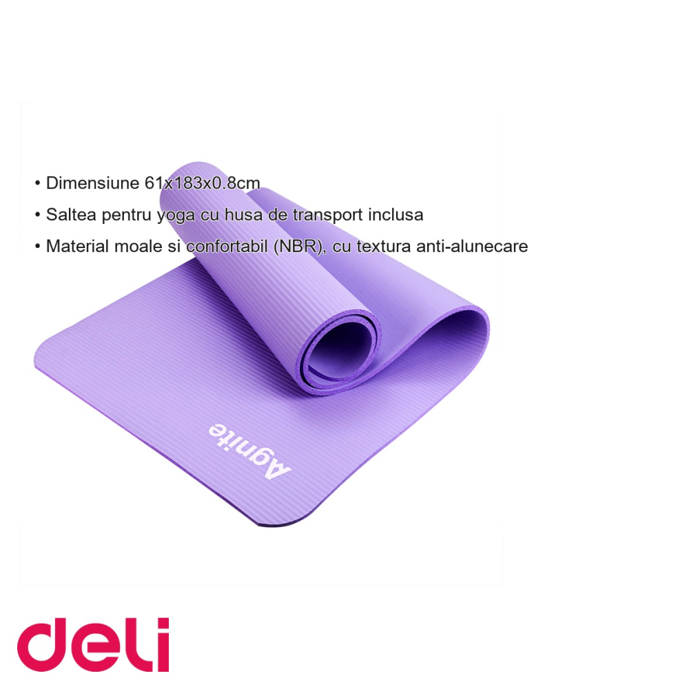 Saltea yoga Deli, material NBR anti-alunecare, cu husa transport inclusa, violet, 183x61x0.8 cm [3]