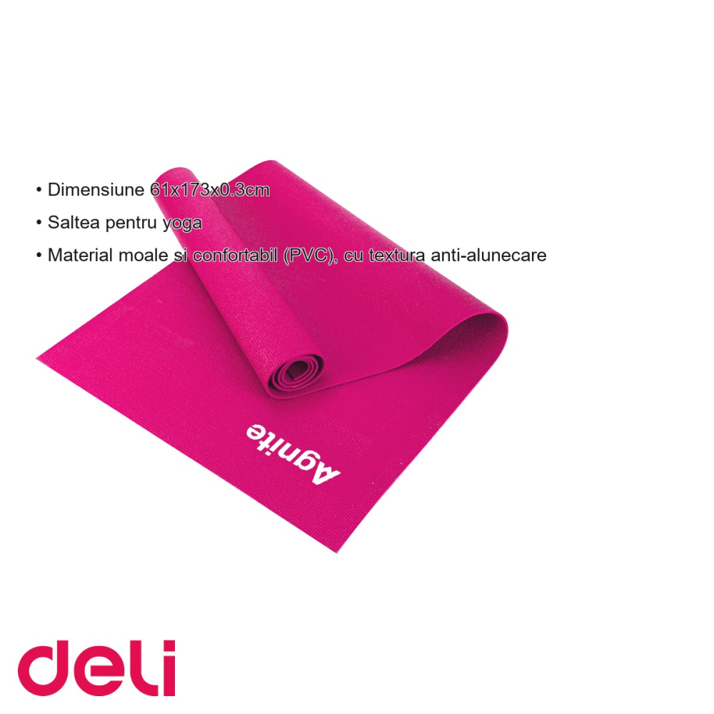 Saltea yoga Deli, material PVC anti-alunecare, 173x61x0.3 cm, roz, cu curea transport inclusa [3]