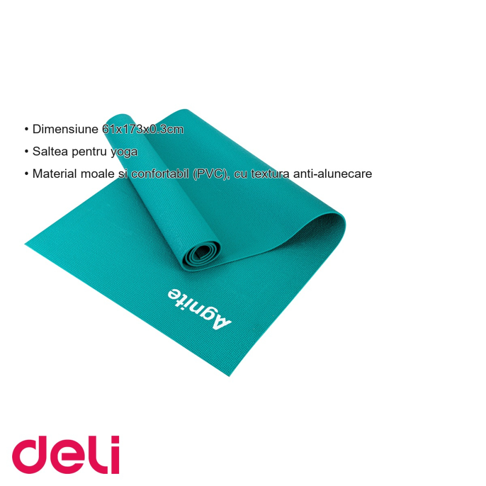 Saltea yoga Deli, material PVC anti-alunecare, turcoaz, 173x61x0.3 cm, cu curea transport inclusa [3]