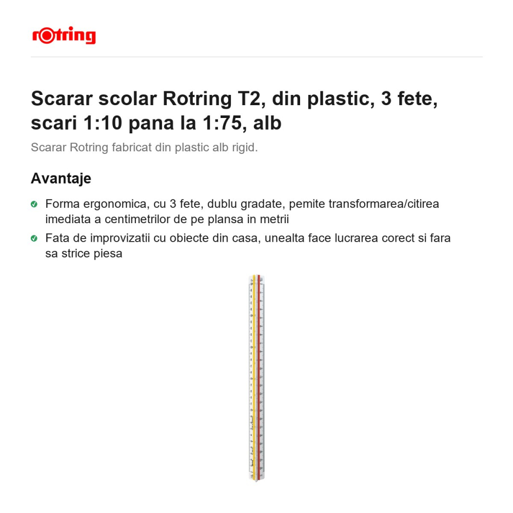 Scarar scolar Rotring T2, din plastic, 3 fete, scari 1:10 pana la 1:75, alb [2]