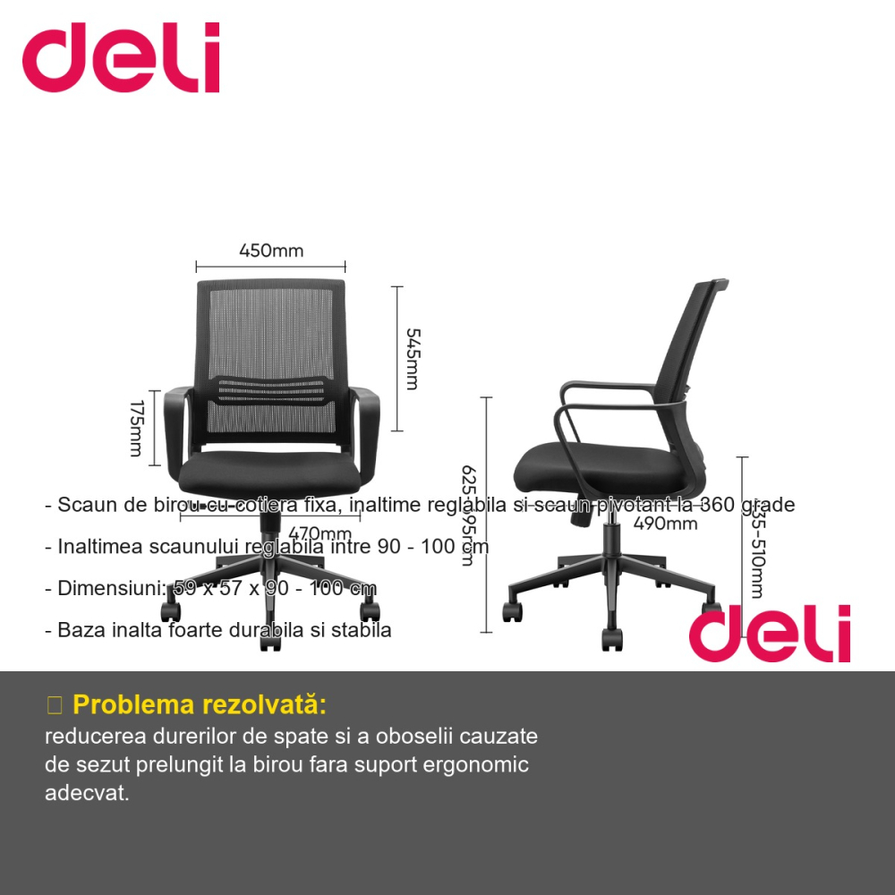Scaun de birou Deli 4501 cu spatar mesh, cotiera fixa si reglaj inaltime, pentru spatii de lucru [2]
