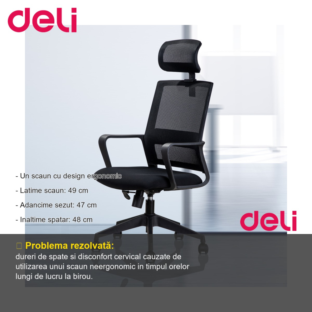 Scaun de birou Deli Executive 4503, spatar si sezut mesh respirabil, tetiera reglabila, ergonomic pentru munca la birou [2]