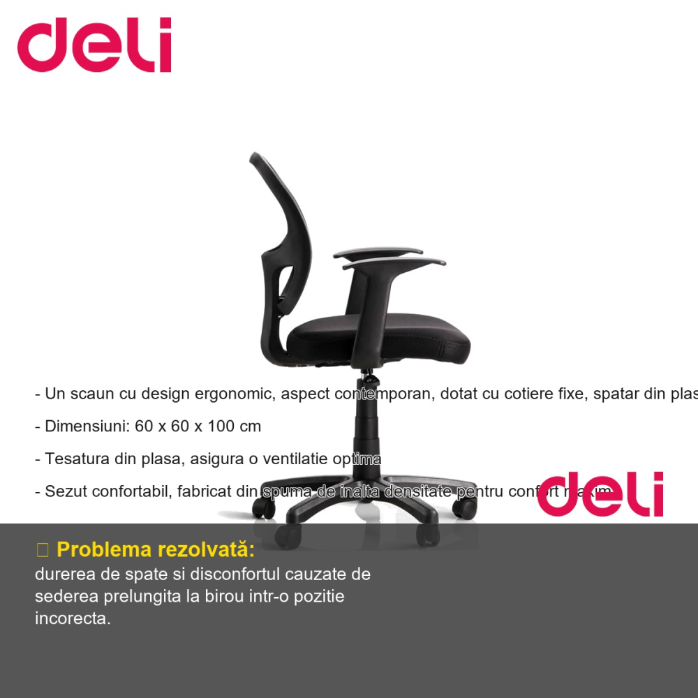 Scaun de birou ergonomic Deli 4900, spatar mesh, rotire 360 grade, reglabil pe inaltime [2]