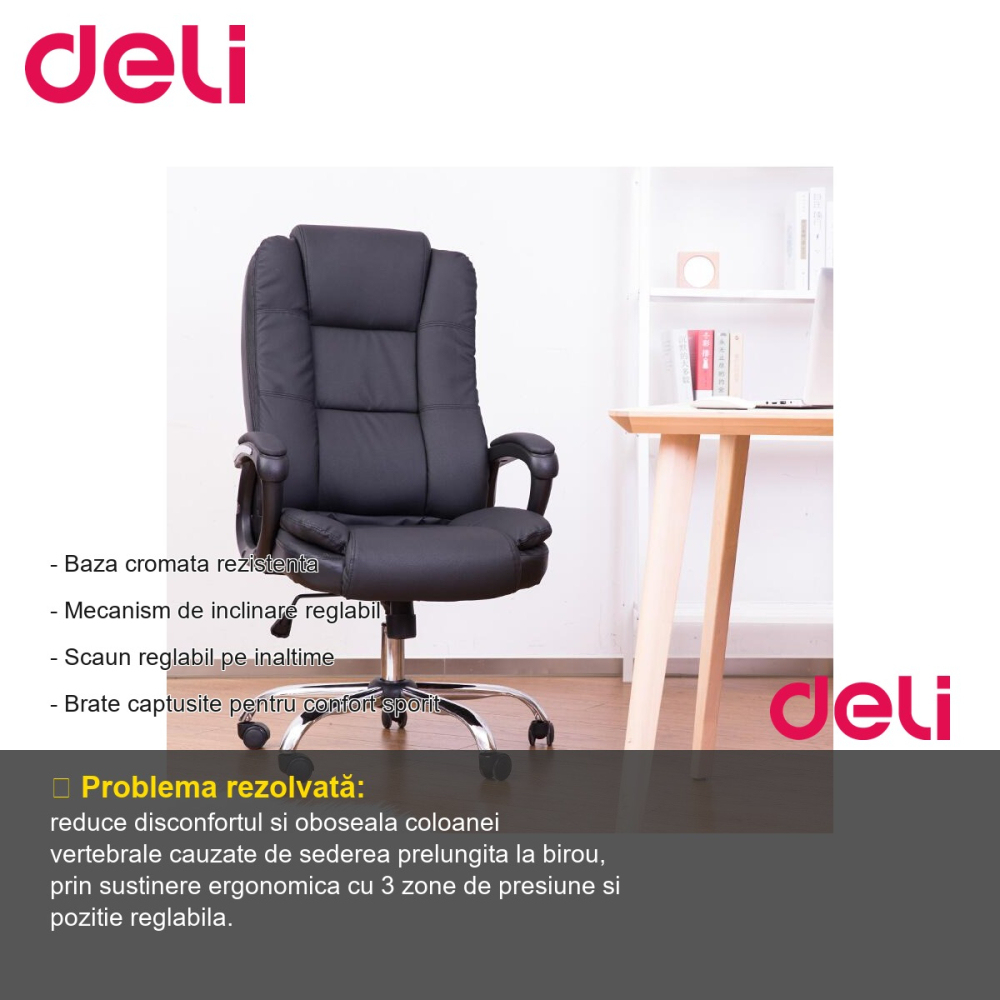 Scaun directorial Deli 4913S, imitatie piele, ergonomic cu 3 zone de presiune, pentru birou [2]