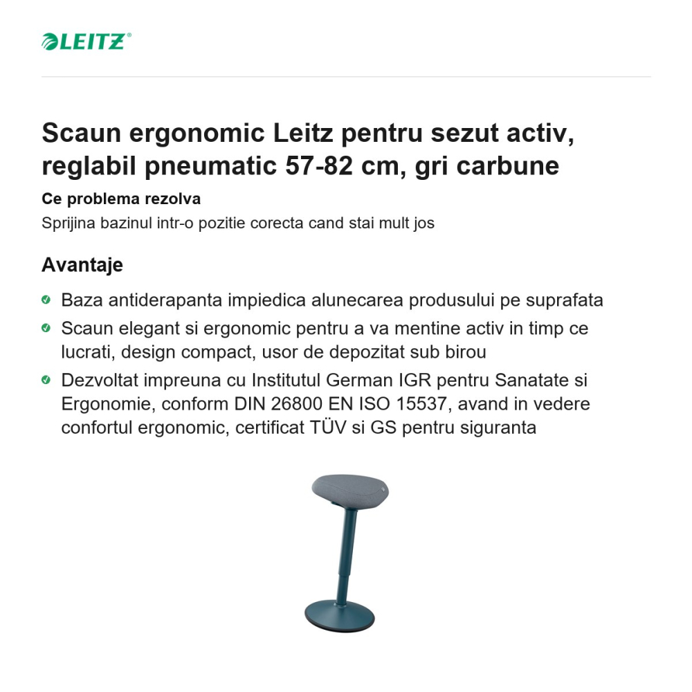 Scaun ergonomic Leitz pentru sezut activ, reglabil pneumatic 57-82 cm, gri carbune [2]