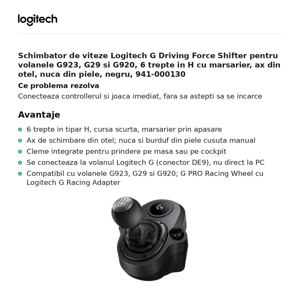 Schimbator de viteze Logitech G Driving Force Shifter pentru volanele G923, G29 si G920, 6 trepte in H cu marsarier, ax din otel, nuca din piele, negru, 941-000130 [2]