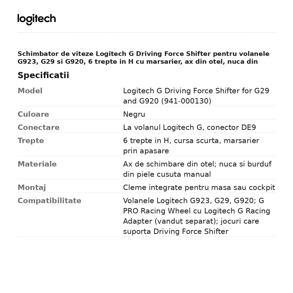 Schimbator de viteze Logitech G Driving Force Shifter pentru volanele G923, G29 si G920, 6 trepte in H cu marsarier, ax din otel, nuca din piele, negru, 941-000130 [3]