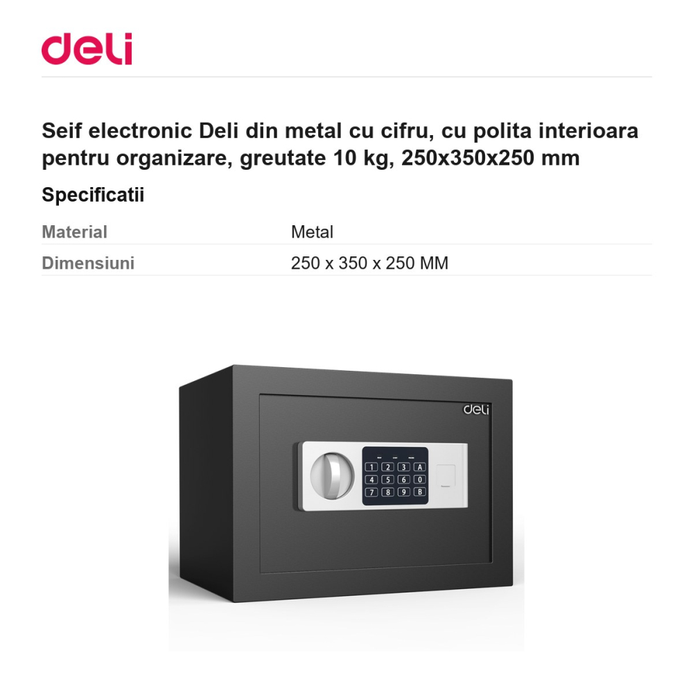 Seif electronic Deli din metal cu cifru, cu polita interioara pentru organizare, greutate 10 kg, 250x350x250 mm [3]