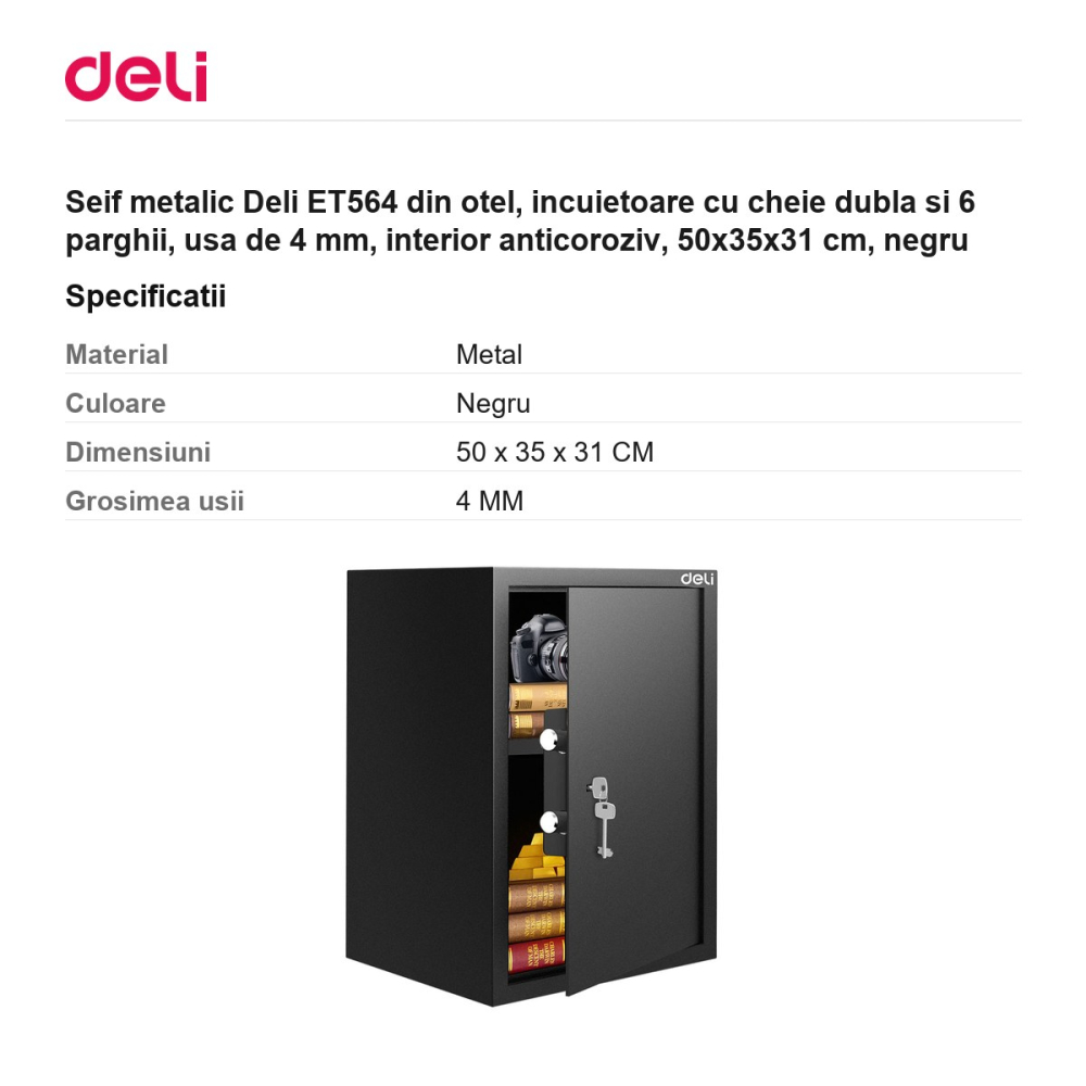 Seif metalic Deli ET564 din otel, incuietoare cu cheie dubla si 6 parghii, usa de 4 mm, interior anticoroziv, 50x35x31 cm, negru [3]