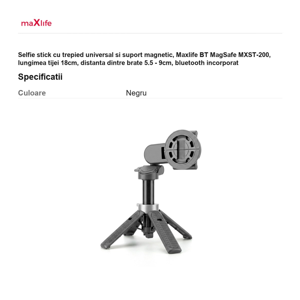 Selfie stick cu trepied universal si suport magnetic, Maxlife BT MagSafe MXST-200, lungimea tijei 18cm, distanta dintre brate 5.5 - 9cm, bluetooth incorporat [3]
