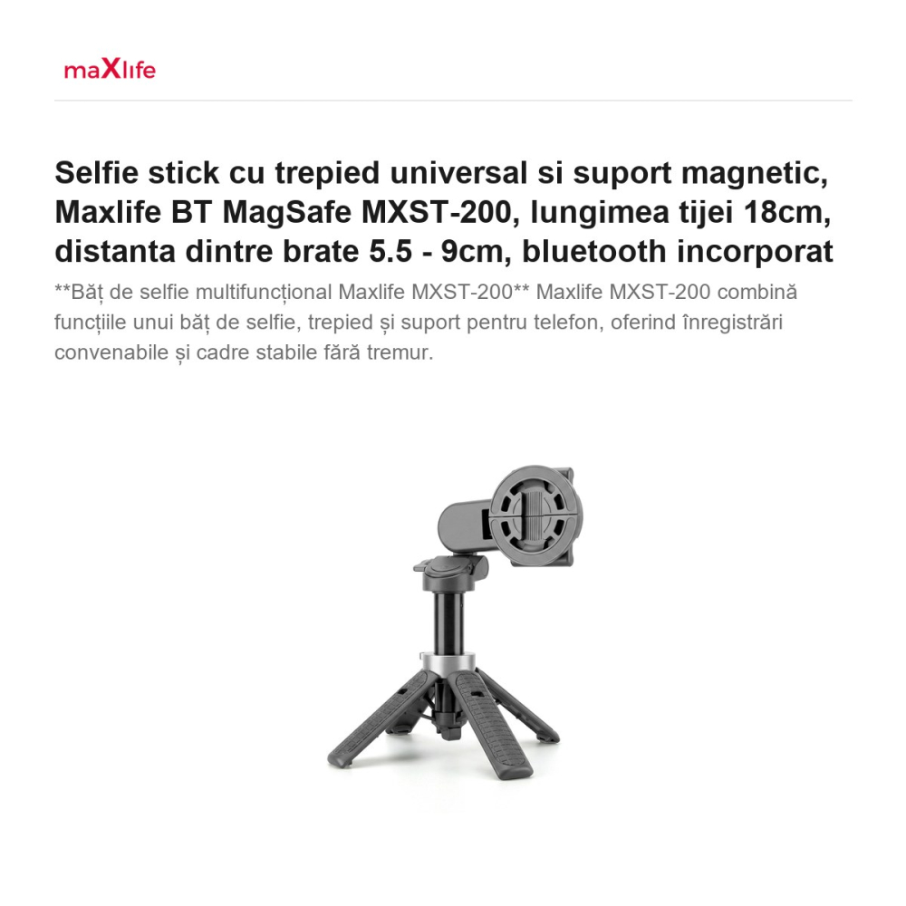 Selfie stick cu trepied universal si suport magnetic, Maxlife BT MagSafe MXST-200, lungimea tijei 18cm, distanta dintre brate 5.5 - 9cm, bluetooth incorporat [2]