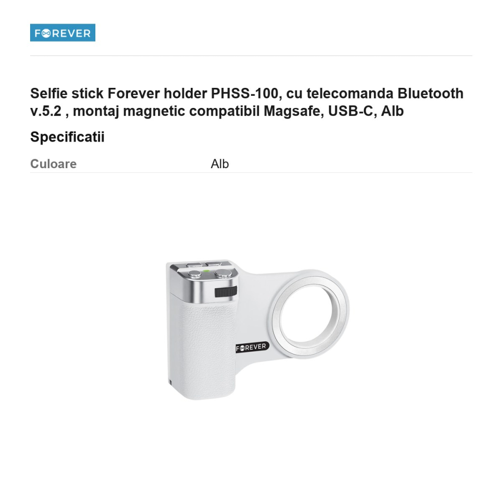 Selfie stick Forever holder PHSS-100, cu telecomanda Bluetooth v.5.2 , montaj magnetic compatibil Magsafe, USB-C, Alb [3]