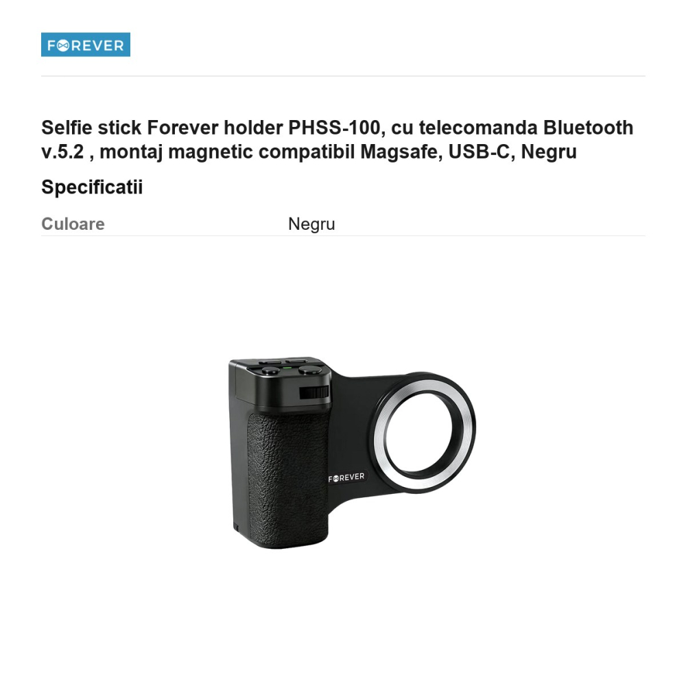 Selfie stick Forever holder PHSS-100, cu telecomanda Bluetooth v.5.2 , montaj magnetic compatibil Magsafe, USB-C, Negru [3]