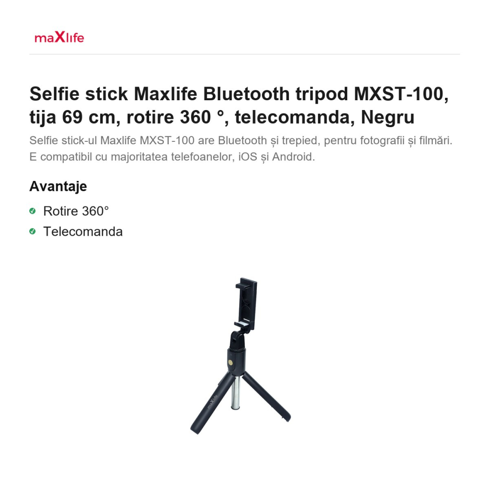 Selfie stick Maxlife Bluetooth tripod MXST-100, tija 69 cm, rotire 360 ​​°, telecomanda,  Negru [2]