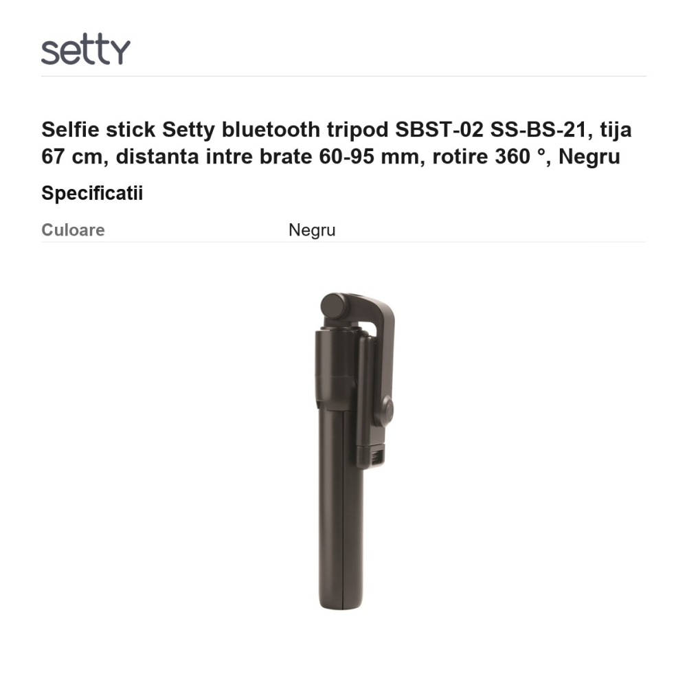 Selfie stick Setty bluetooth tripod SBST-02 SS-BS-21, tija 67 cm, distanta intre brate 60-95 mm, rotire 360 ​​°, Negru [3]