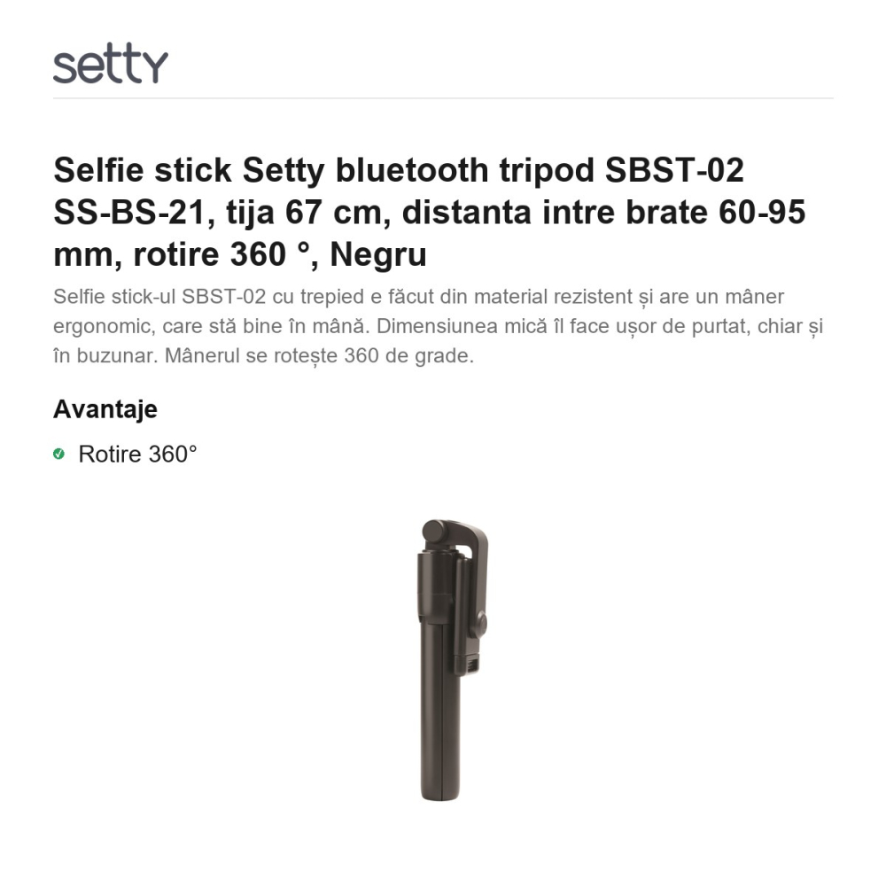 Selfie stick Setty bluetooth tripod SBST-02 SS-BS-21, tija 67 cm, distanta intre brate 60-95 mm, rotire 360 ​​°, Negru [2]