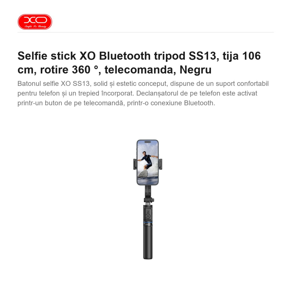 Selfie stick XO Bluetooth tripod SS13, tija 106 cm, rotire 360 ​​°, telecomanda, Negru [2]