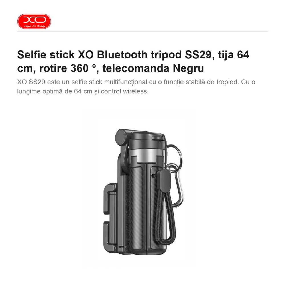 Selfie stick XO Bluetooth tripod SS29, tija 64 cm, rotire 360 ​​°, telecomanda Negru [2]