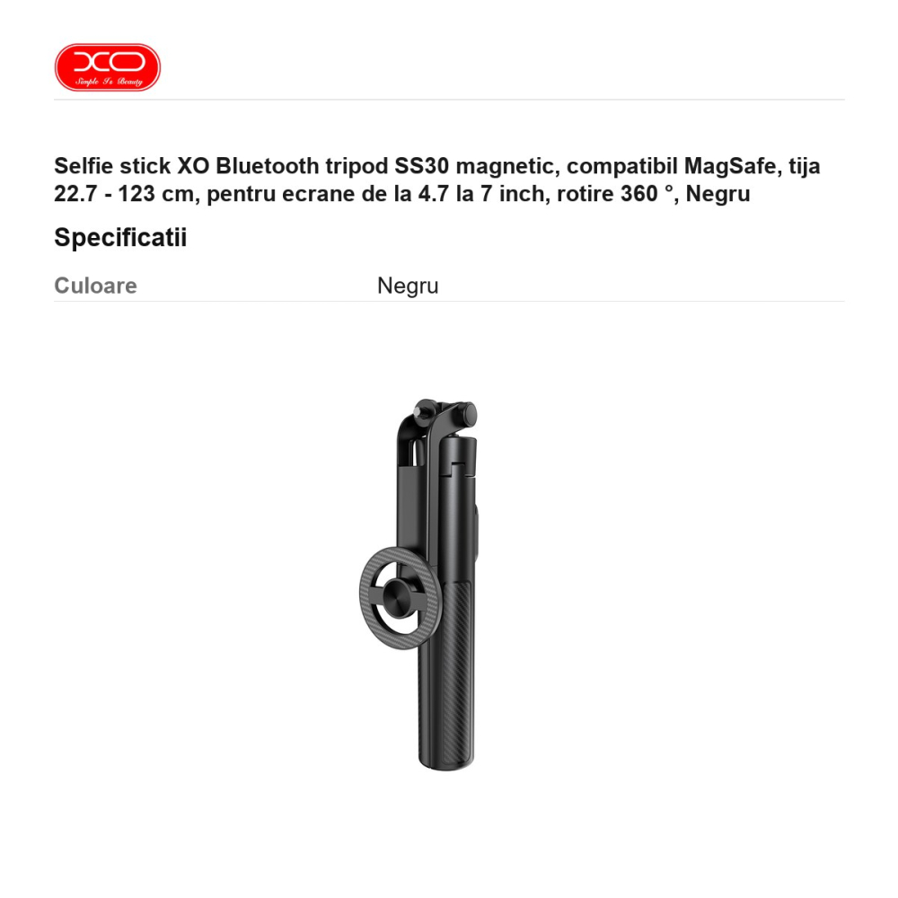 Selfie stick XO Bluetooth tripod SS30 magnetic, compatibil MagSafe, tija 22.7 - 123 cm, pentru ecrane de la 4.7 la 7 inch, rotire 360 ​​°, Negru [3]