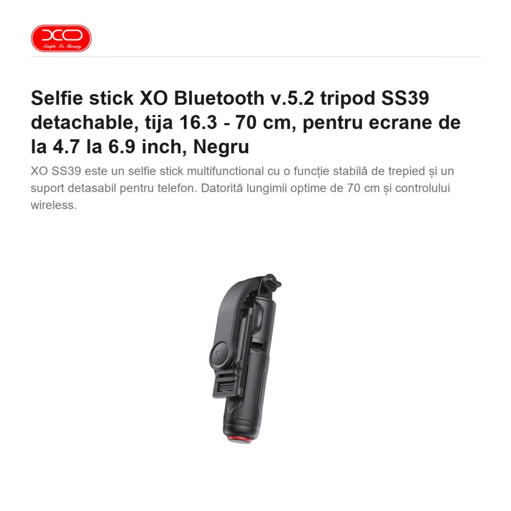Selfie stick XO Bluetooth v.5.2 tripod SS39 detachable, tija 16.3 - 70 cm, pentru ecrane de la 4.7 la 6.9 inch, Negru [2]