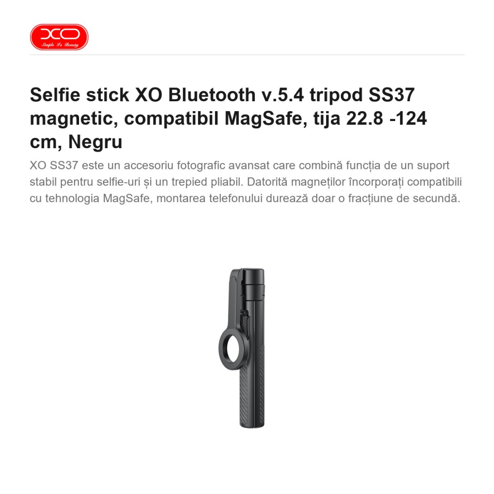 Selfie stick XO Bluetooth v.5.4 tripod SS37 magnetic, compatibil MagSafe, tija 22.8 -124 cm, Negru [2]