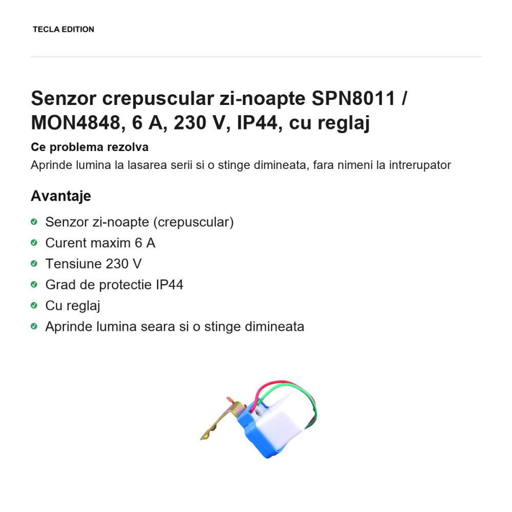 Senzor crepuscular zi-noapte SPN8011 / MON4848, 6 A, 230 V, IP44, cu reglaj [2]