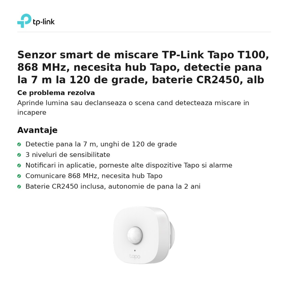 Senzor smart de miscare TP-Link Tapo T100, 868 MHz, necesita hub Tapo, detectie pana la 7 m la 120 de grade, baterie CR2450, alb [2]