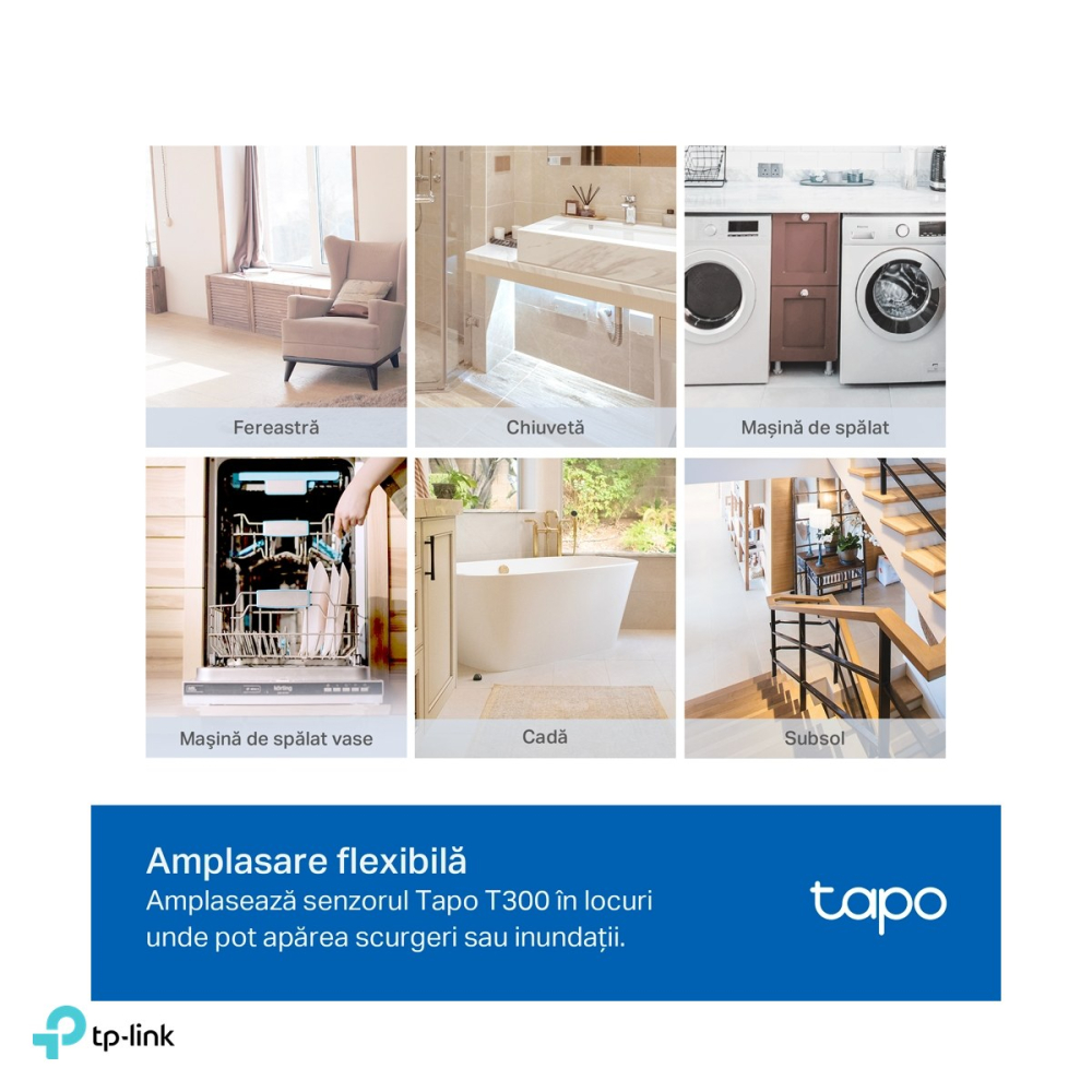 Senzor smart de scurgere a apei TP-Link Tapo T300, 868 MHz, necesita hub Tapo, alarma 90 dB, IP67, 2 baterii AAA, alb [6]