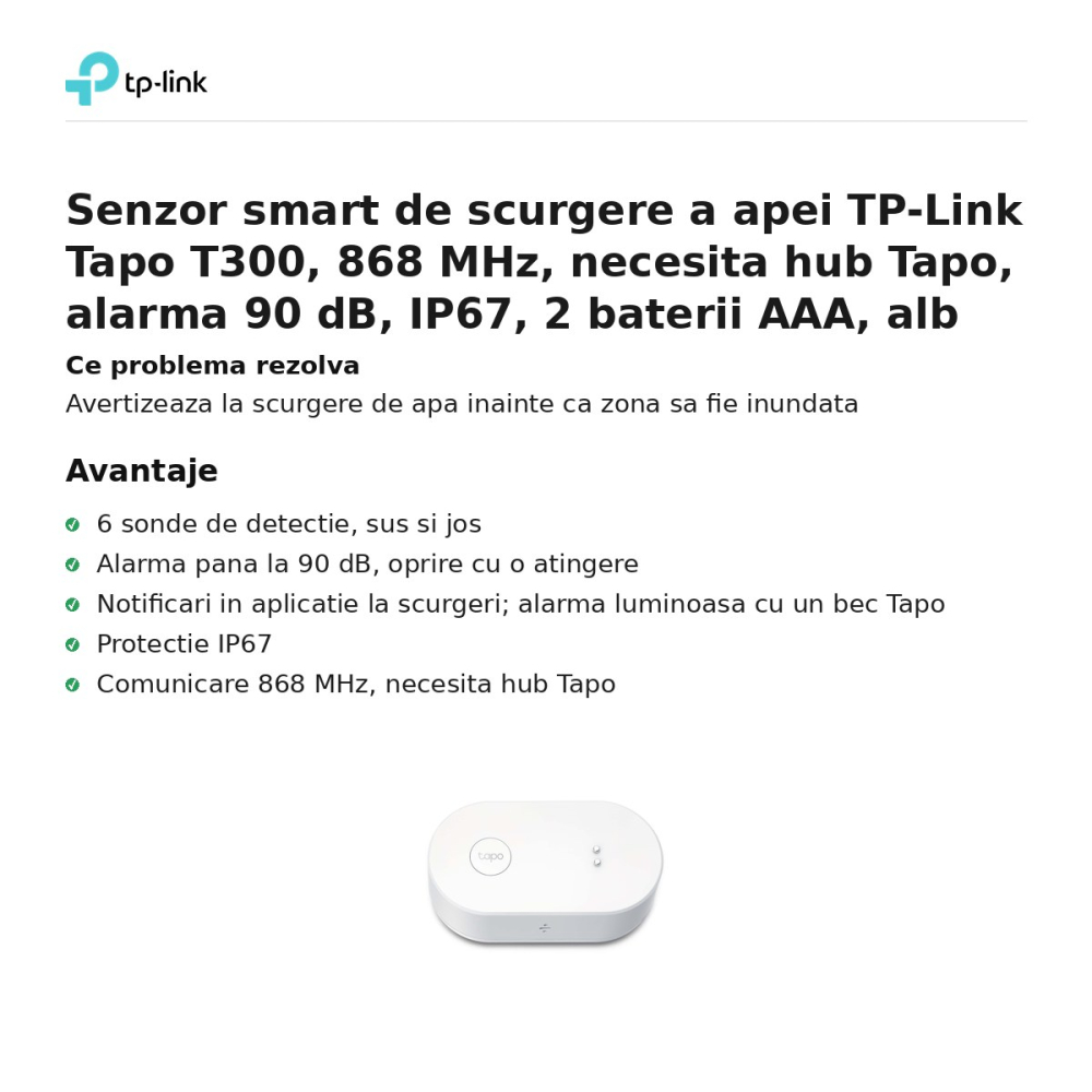 Senzor smart de scurgere a apei TP-Link Tapo T300, 868 MHz, necesita hub Tapo, alarma 90 dB, IP67, 2 baterii AAA, alb [2]