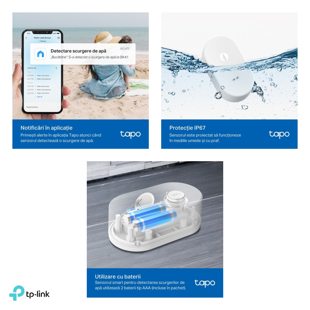 Senzor smart de scurgere a apei TP-Link Tapo T300, 868 MHz, necesita hub Tapo, alarma 90 dB, IP67, 2 baterii AAA, alb [5]