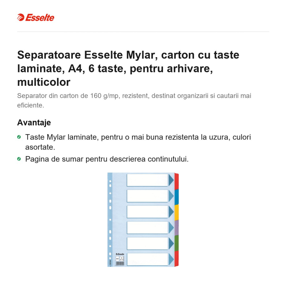 Separatoare Esselte Mylar, carton cu taste laminate, A4, 6 taste, pentru arhivare, multicolor [2]