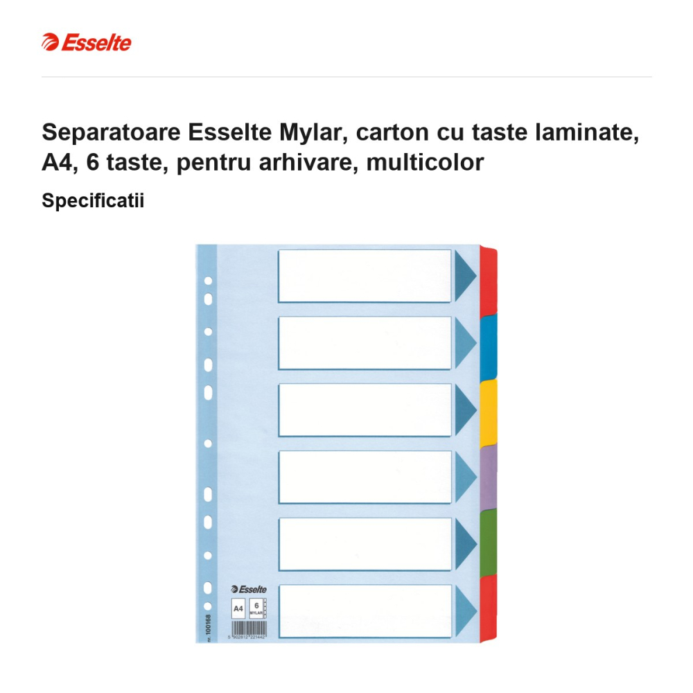 Separatoare Esselte Mylar, carton cu taste laminate, A4, 6 taste, pentru arhivare, multicolor [3]
