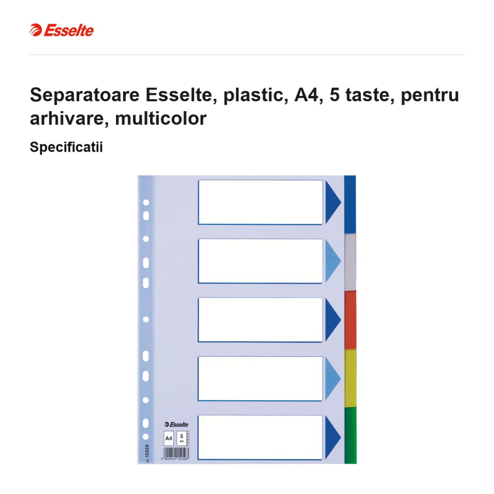 Separatoare Esselte, plastic, A4, 5 taste, pentru arhivare, multicolor [3]