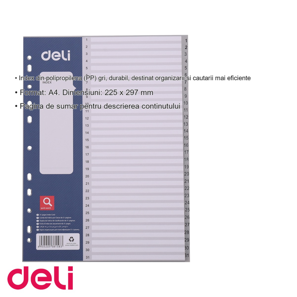 Separatoare index plastic 1-31 Deli, format A4, 11 perforatii, pentru organizare documente in bibliorafturi [3]