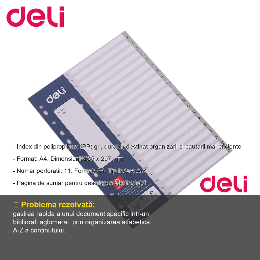 Separatoare index plastic A-Z Deli, format A4, 11 perforatii, pentru organizare documente in bibliorafturi [2]