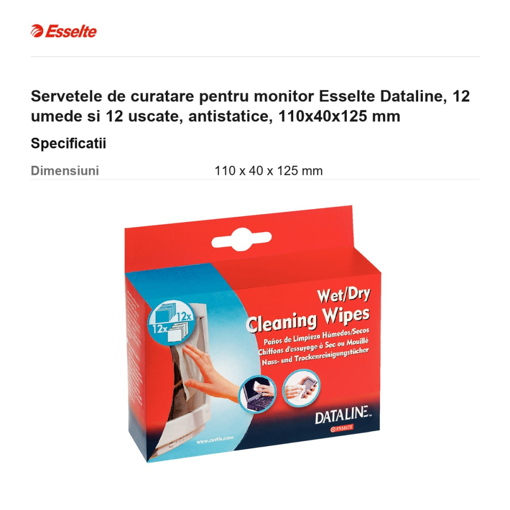 Servetele de curatare pentru monitor Esselte Dataline, 12 umede si 12 uscate, antistatice, 110x40x125 mm [3]