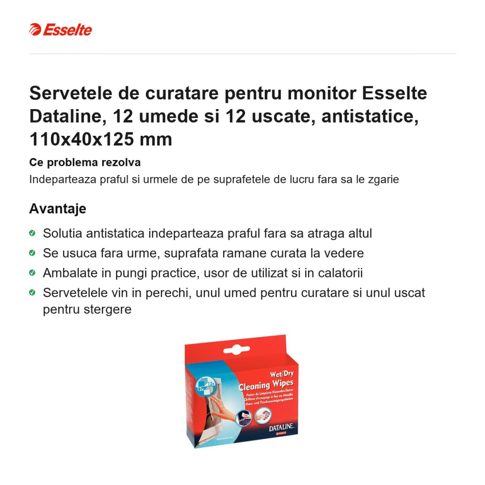 Servetele de curatare pentru monitor Esselte Dataline, 12 umede si 12 uscate, antistatice, 110x40x125 mm [2]
