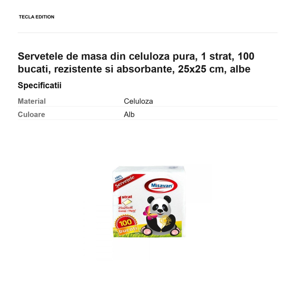 Servetele de masa din celuloza pura, 1 strat, 100 bucati, rezistente si absorbante, 25x25 cm, albe [3]