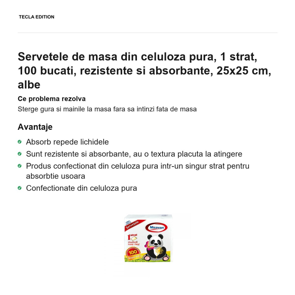 Servetele de masa din celuloza pura, 1 strat, 100 bucati, rezistente si absorbante, 25x25 cm, albe [2]