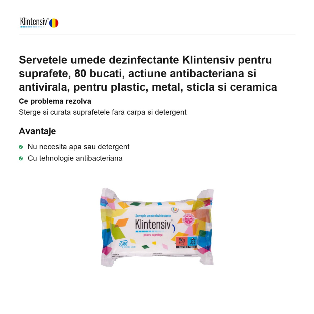 Servetele umede dezinfectante Klintensiv pentru suprafete, 80 bucati, actiune antibacteriana si antivirala, pentru plastic, metal, sticla si ceramica [2]