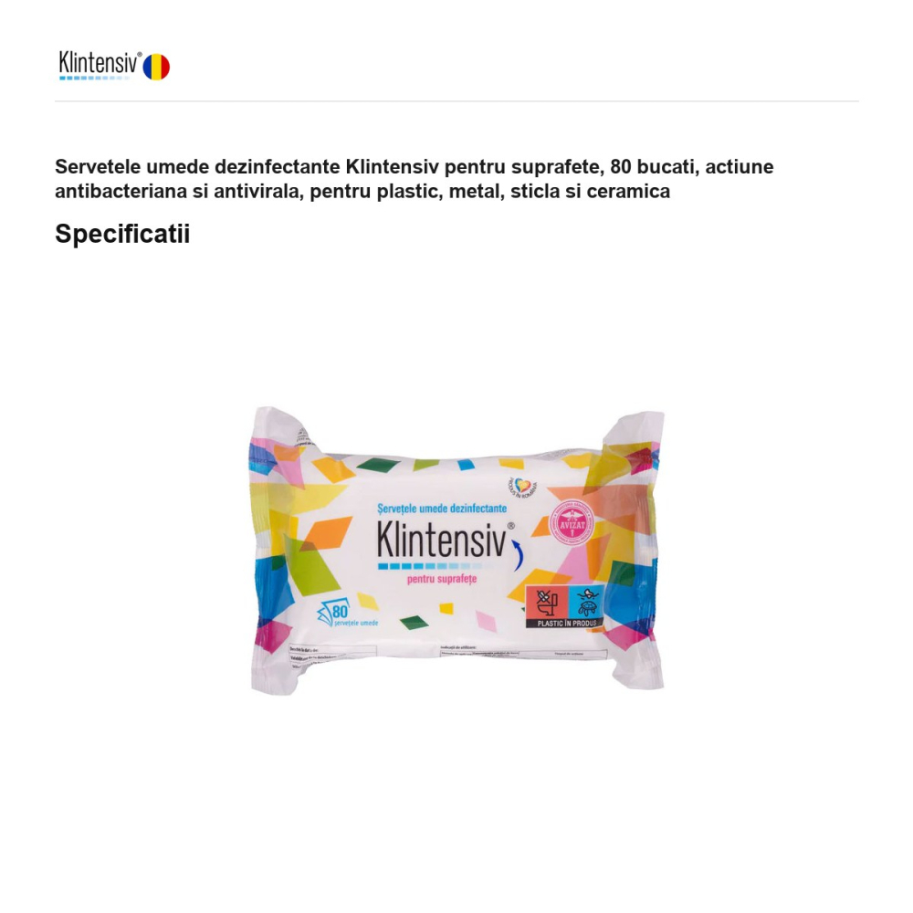 Servetele umede dezinfectante Klintensiv pentru suprafete, 80 bucati, actiune antibacteriana si antivirala, pentru plastic, metal, sticla si ceramica [3]