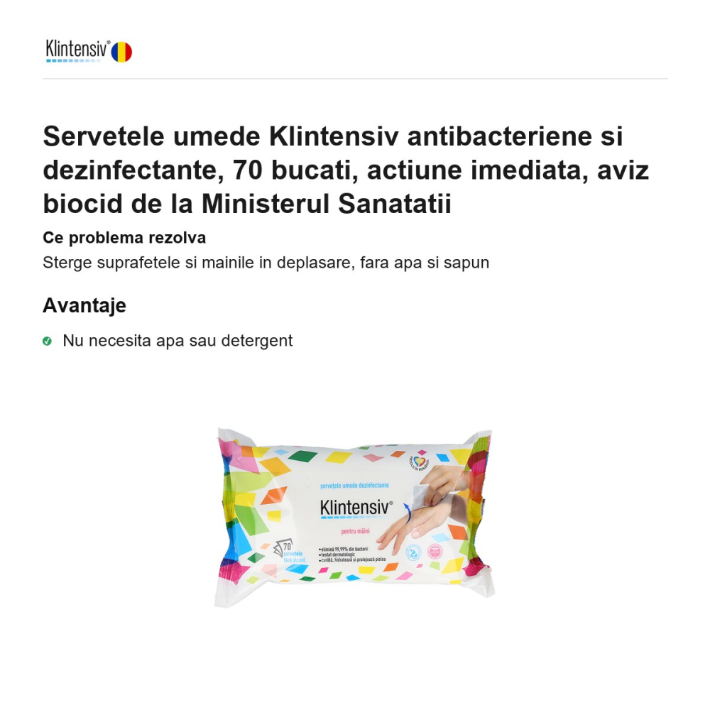 Servetele umede Klintensiv antibacteriene si dezinfectante, 70 bucati, actiune imediata, aviz biocid de la Ministerul Sanatatii [2]