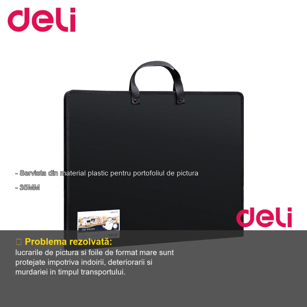 Servieta Deli pentru portofoliu pictura, material PP rigid, 440x350x35mm, neagra [2]