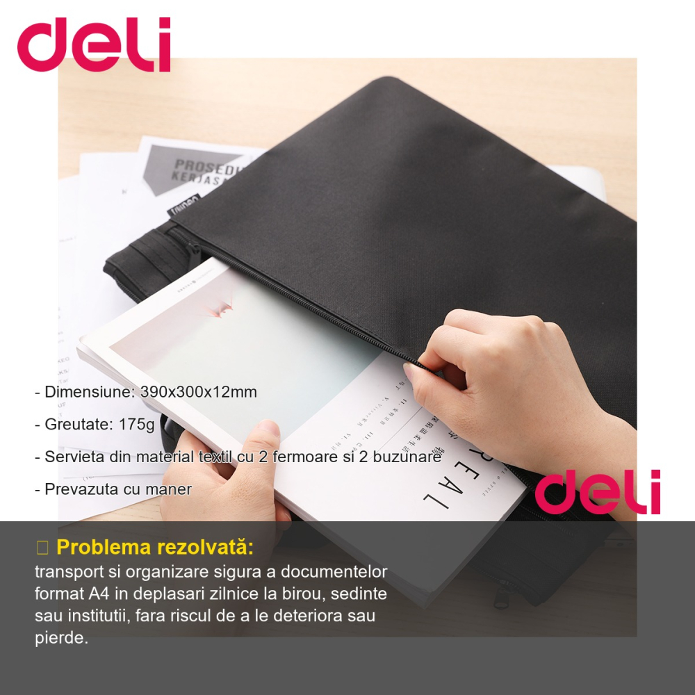 Servieta documente Deli, material textil cu 2 fermoare si maner, format A4, negra [2]